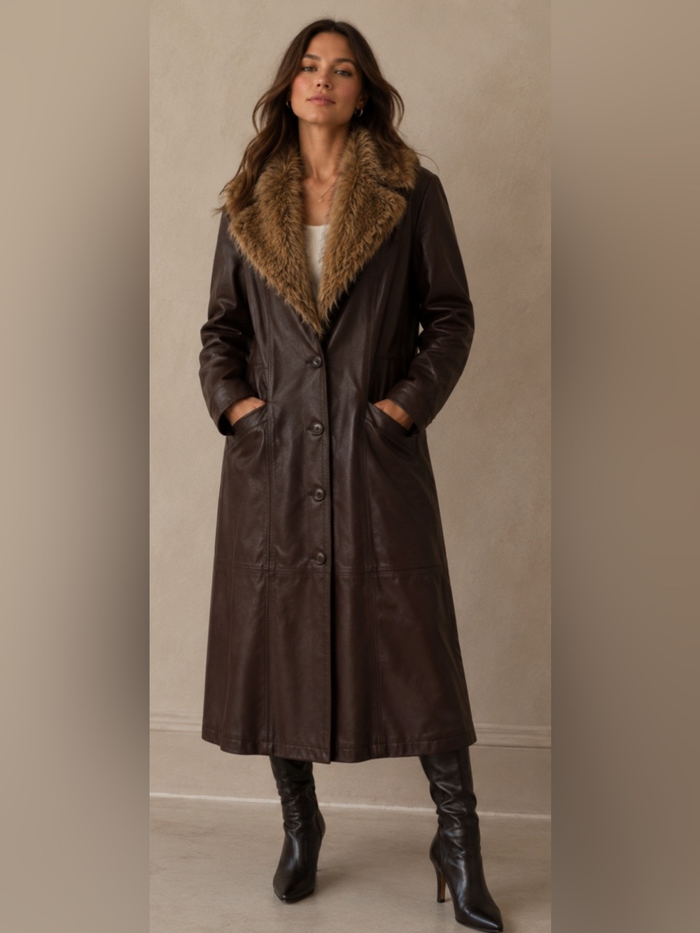 Terry Lewis 100% Leather Long Coat w/ Faux Fur Collar